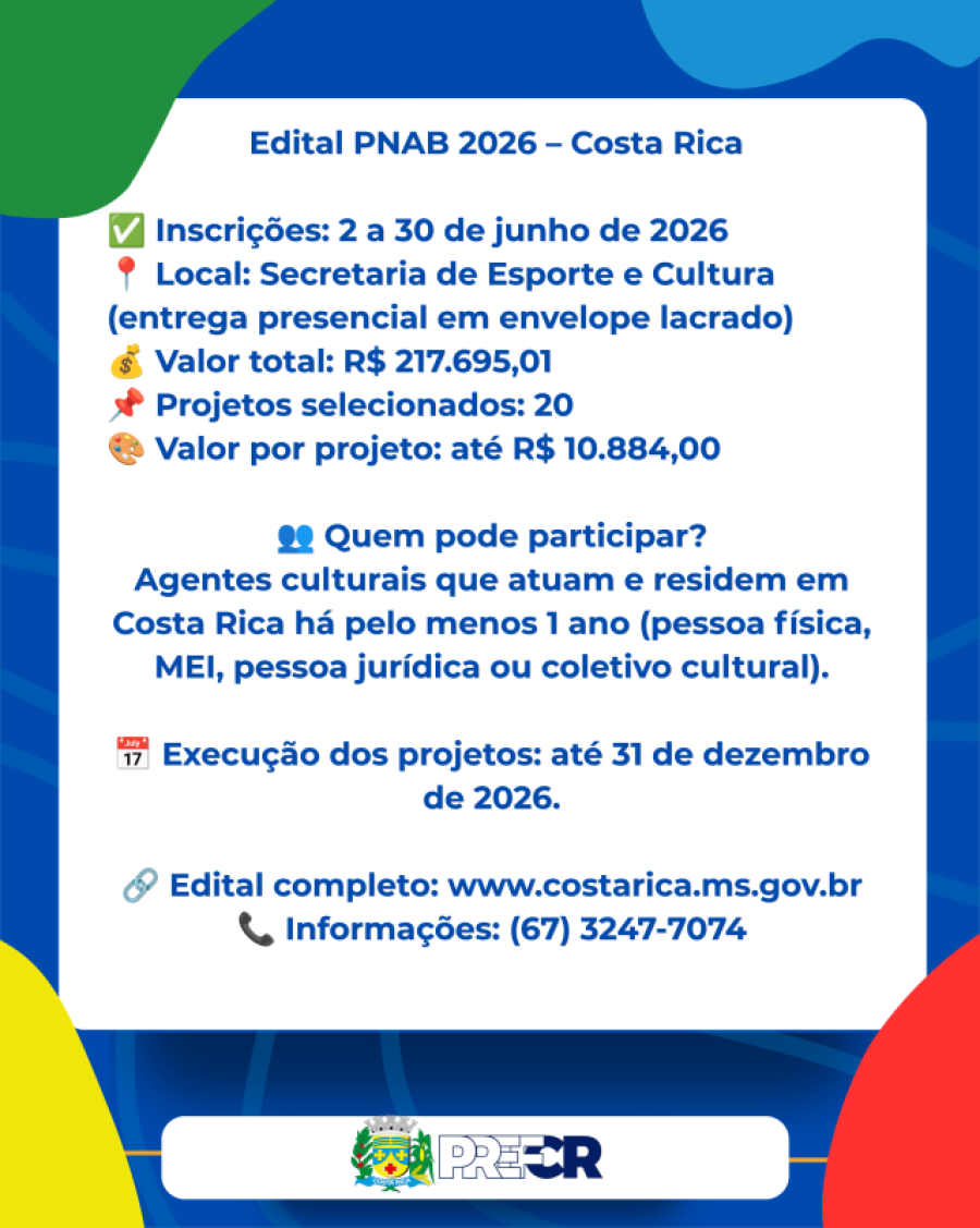 Costa Rica abre edital de chamamento público para fomento à cultura via PNAB no período de 2 a 30 de junho