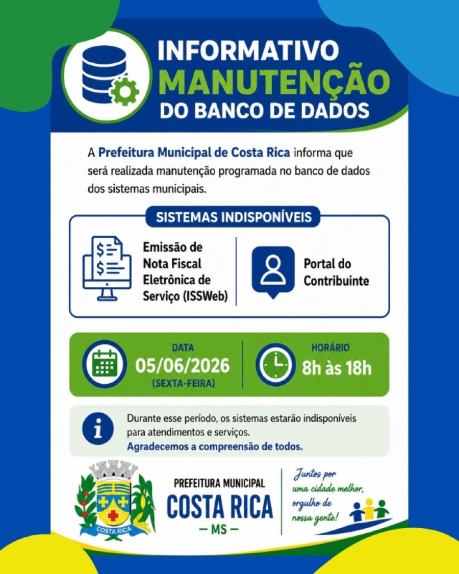 Prefeitura de Costa Rica fará manutenção em sistemas municipais na sexta-feira, dia 5