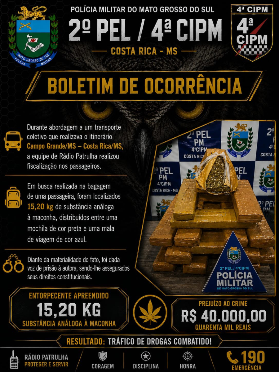 Polícia Militar apreende 15 kg de maconha em fiscalização intermunicipal em Costa Rica